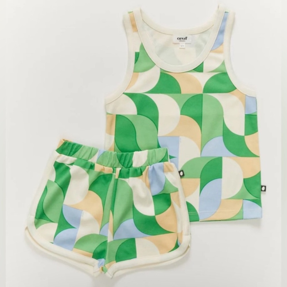 EUC OEUF Tank & Shorts Set GEOMETRIC PRINT GREEN BLEU WHITE